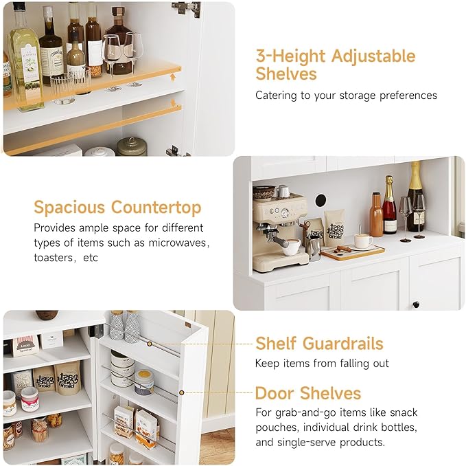 ONBRILL 71" Tall Kitchen Pantry Storage Cabinet with Microwave Stand & Door Shelf, Freestanding Kitchen Hutch with 6 Doors and Adjustable Shelves, Modern Food Pantry for Dining Room, White
