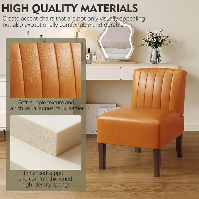 VIRRMO Armless Accent Chairs Set of 2 Upholstered Dining Chairs Living Room Chairs with Solid Wood Legs Bedroom Chair Leather Reading Chair Comfy Chair for Bedroom Vanity Kitchen (Brown)