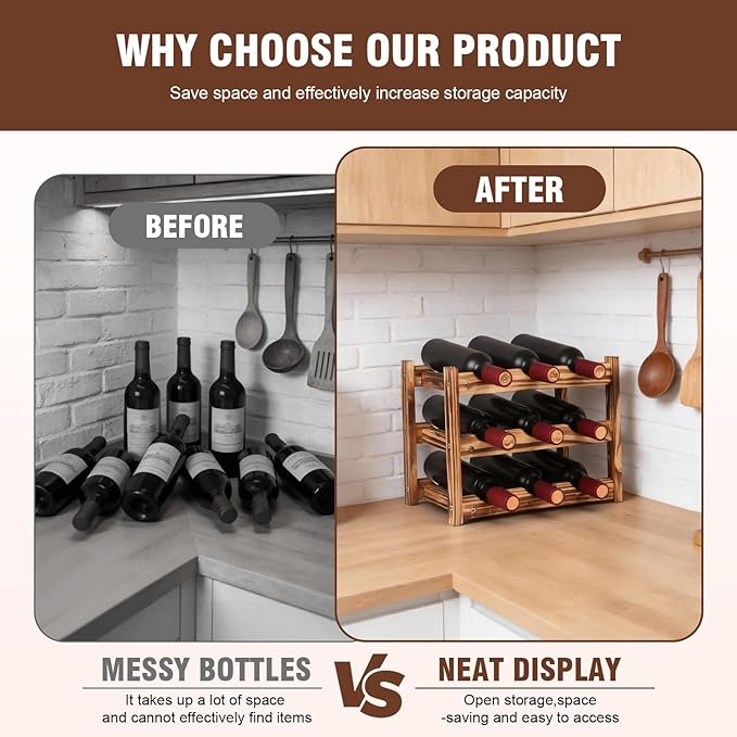 9-Bottle Wooden Wine Rack – 3-Tier Tabletop Countertop Space-Saving Wine Holder with Screwdriver Included, Easy Assembly Wine Storage Shelf for Kitchen, Bar, Pantry & Home Decor