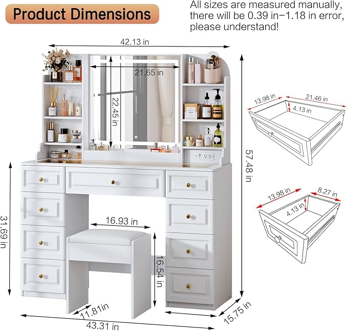 Arulvmrn 43" Makeup Vanity Desk with Mirror and Lights, & Power Outl, Glass Top Big Vanity Table with 9 Drawers& 8 Storage Shelves, Dressing Table Set with Chair for Bedroom, White