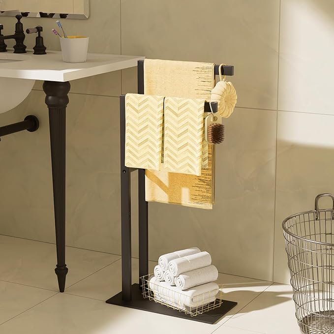Yawinhe Free Standing Towel Rack, 2 Tier Blanket Holder with Marble Base, Metal Hand Towel Holder for Bathrooms, Drying and Display Rack with Shelf,15.7×7.87×31.49 inch,Black, SMJ003B