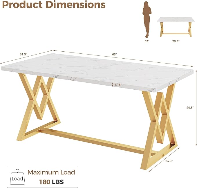 IRONCK 63" Dining Table for 4-6, Modern Rectangular Kitchen Table with Sturdy Metal Frame & Geometric Legs for Dining Room, Easy Clean-Faux Marble Color
