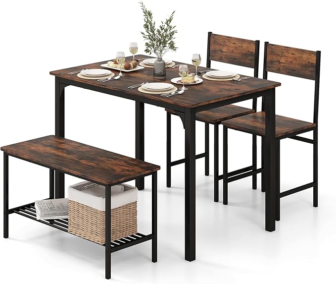 COSTWAY Dining Table Set for 4, Rectangular Kitchen Table Set with Bench and 2 Chairs, Storage Rack & Metal Frame, 4-Piece Dining Room Table and Chairs Set for Small Space, Apartment (Coffee)