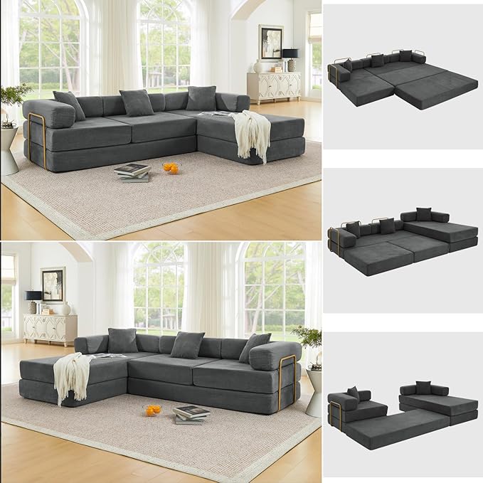 HANXIN 108" Modular Sectional Sofa, Futon Convertible Sofa Bed,Oversized Corduroy Boneless Couch for Living Room,Floor Loveseat Sleeper with Pull Out Bed,Free Combination,No Assembly Required (Grey)