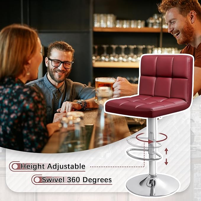 Homall Bar Stools Modern PU Leather Adjustable Swivel Barstools, Armless Hydraulic Kitchen Counter Bar Stool Extra Height Square Island Barstool with Back Set of 2 (Wine Red)