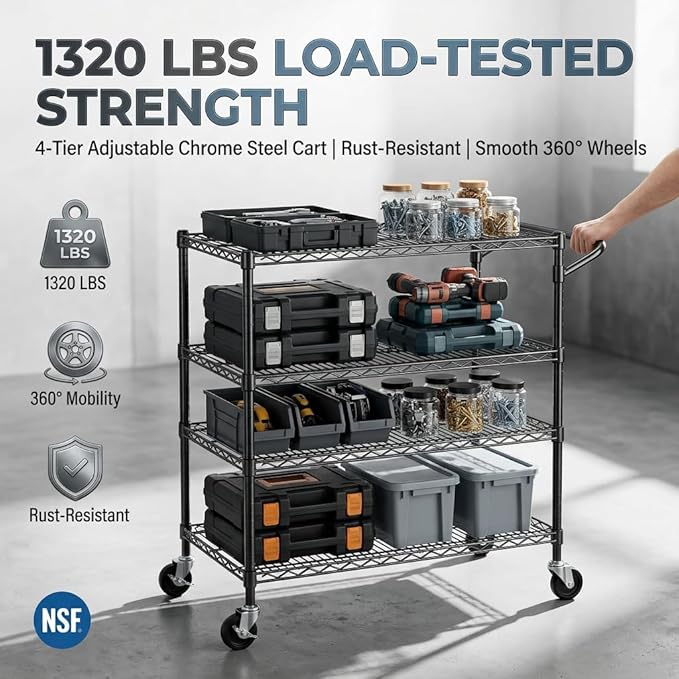 Finnhomy 4 Tier Heavy Duty Commercial Grade Rolling Cart with Handle Bar, Metal Wire Utility Cart with Wheels, Service Trolley on Wheels, Shelf Size 18" D x 36" W, NSF, Black