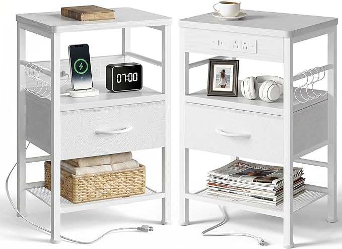 Lazzanto Nightstands Set of 2 with Charging Station, Bed Side Tables with Open Shelf & Hooks, End Tables with USB-C USB-A Ports AC Outlets, Night Stand for Bedroom with Fabric Drawer, White
