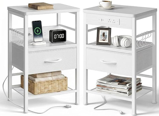 Lazzanto Nightstands Set of 2 with Charging Station, Bed Side Tables with Open Shelf & Hooks, End Tables with USB-C USB-A Ports AC Outlets, Night Stand for Bedroom with Fabric Drawer, White