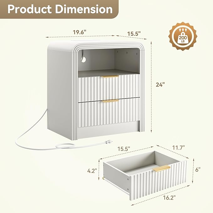 Decofy Fluted Nightstand with Charging Station, 19.7'' Wide Morden End Table with USB/Type-C Ports, 2 Drawers & Open Shelf, Curved Profile Design, Wood Bedside Table for Bedroom (White)