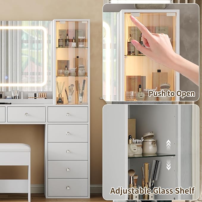 Yanosaku Vanity with 12 Drawers & 2 RBG Lights Cabinets, Makeup Vanity with Mirror and Lights, Vanity Desk with Power Outlet, Tempered Glass Top, Ample Storage, Makeup Vanity Desk for Bedroom, White
