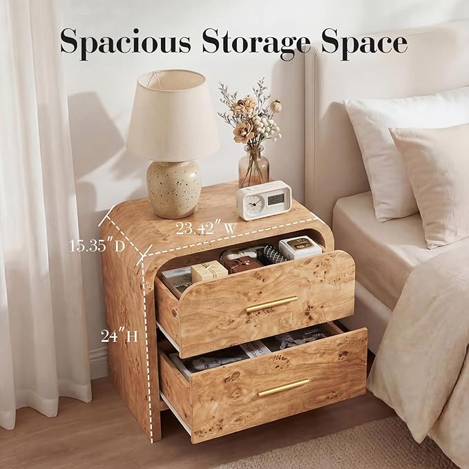 Night Stand [Unique Curved Profile] [FSC-Certified Wooden Board] 2-Drawer Nightstand 24" H Metal Handle Modern Sturdy Bedside Table Side Table End Table