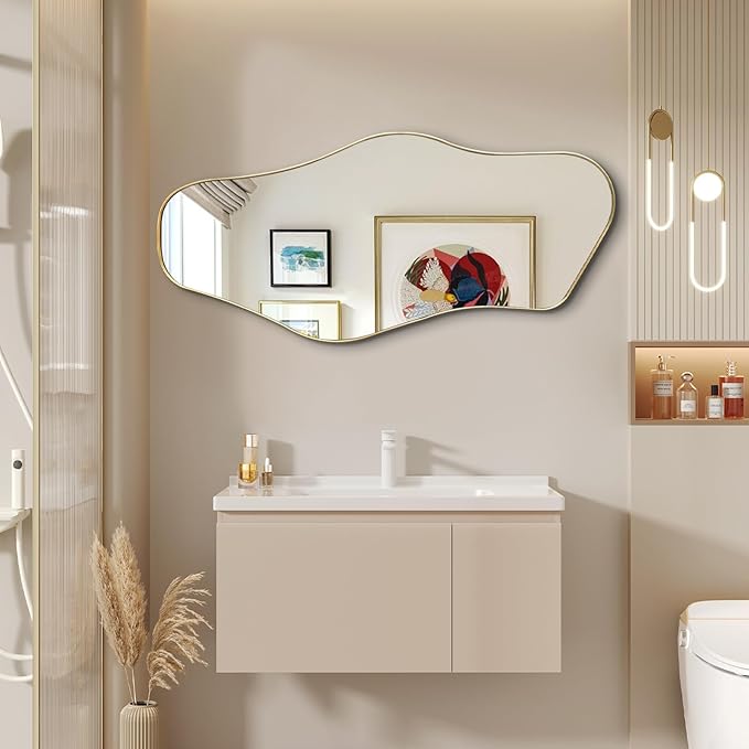 Irregular Wall Mirror, 40"x18" Asymmetrical Mirror with Gold Metal Frame, Organic Shaped Mirror for Living Room Bathroom Bedroom Hallway Entryway, Hangs Vertically or Horizontally