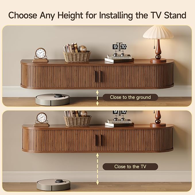 55" Floating TV Stand with Power Outlet for TVs up to 65", Fluted Entertainment Center with Remote Control for LED Lights, Mid-Century Modern TV Console w/Sliding Door for Living Room, Bedroom Walnut