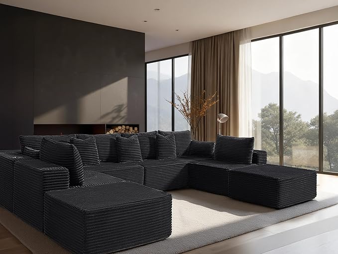 138" Cloud Sectional Couch, Comfort U Shaped Sofa for Living Room, Extra Deep Seats No Assembly, Minimalist Modular Couch, Corduroy (Black, 8 Seats,U-Shape A)