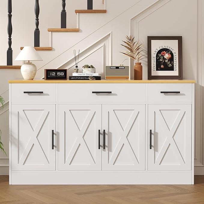 Vongrasig Buffet Cabinet with Storage, Farmhouse Coffee Bar Cabinet with Drawers, 53” Large Modern Sideboard Buffet with Adjustable Shelves for Kitchen, Dining Room, White