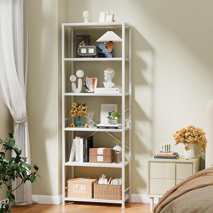 Furologee 6 Tier Book Shelf, Tall Wide Bookshelf, Modern Open Bookcase, Display Shelves Storage Organizer, Shelving Unit for Living Room, Home Office, Bedroom, Kitchen, White