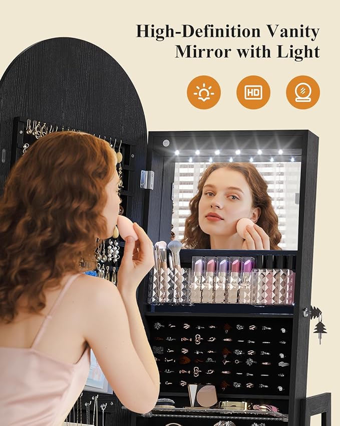 LVSOMT LED Arched Mirror Jewelry Cabinet Standing, Lockable Jewelry Armoire, Full-Length Mirror with Storage, Space-Saving Jewelry Organizer Mirror, Foldable Makeup Shelf, Gift for Women(LED Black)