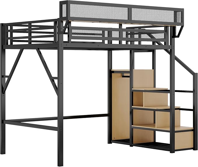 KEIKI Full Size Metal Loft Bed Frame with Convertible Staircase, Built-in Storage Shelves and Wardrobe, Loft Bed with Solid Slats, Guardrail, No Box Spring Required, Easy Assembly, for Bedroom, Black
