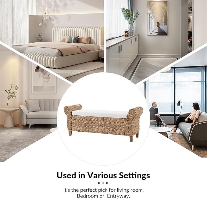 HULALA HOME Rattan Storage Bench with Rolled Armrests, Boho Wicker End of Bed Bench for Bedroom Entryway Living Room, Water Hyacinth Frame, Natural