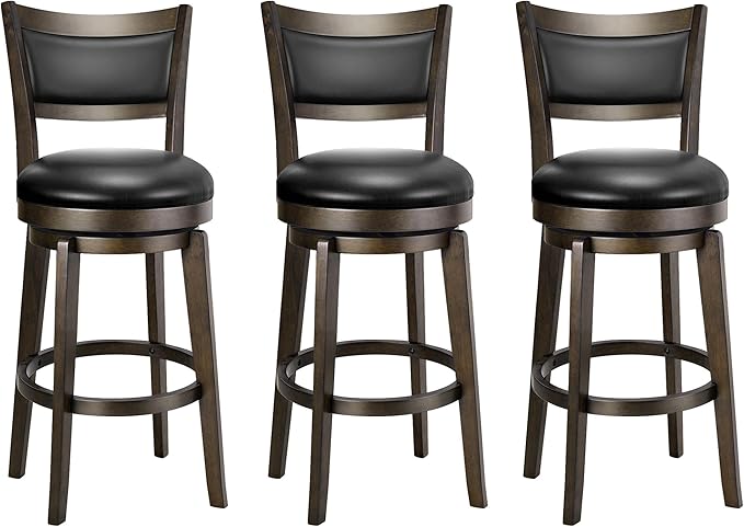PrimeZone Swivel Bar Stools Set of 3, 26 Inch Counter Height Barstools, Black Faux Leather Bar Stool with High Backrest & Solid Wood Legs & Wrap-around Footrest, Counter Stools for Kitchen Island, Pub