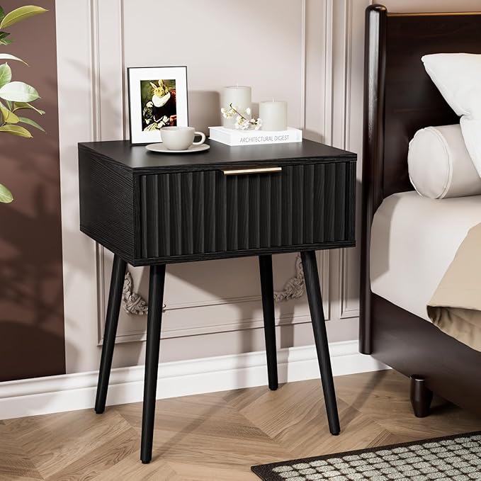 VINGLI Nightstands Set of 2, Fluted Night Stand with Drawer, Bedside Table, Wood Nightstand for Bedroom, Mid Century Modern End Tables, Black, 18.9" W*14.96" D*24" H
