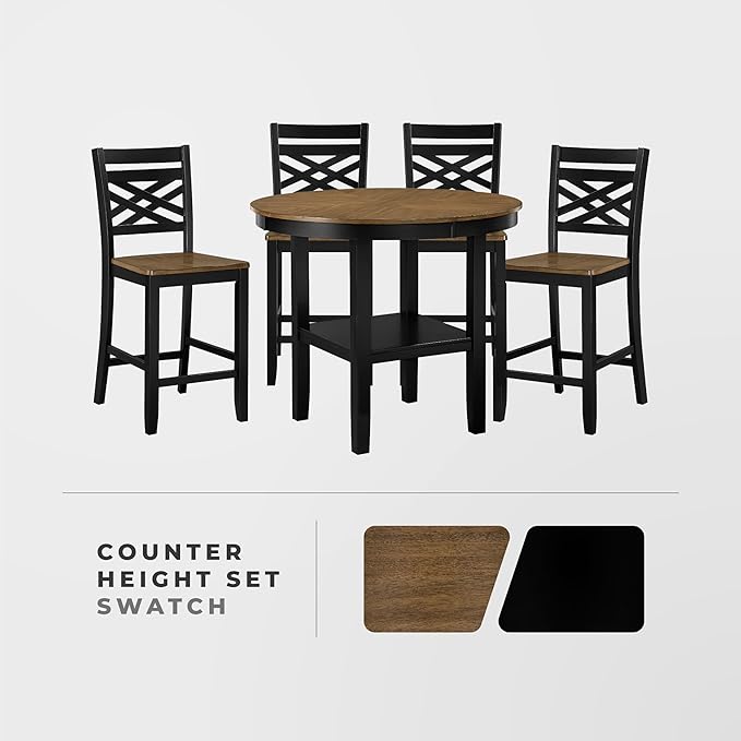 Lexicon 5 Piece Counter Height Dining Set for 4 - Acacia Veneer Wood Table Round with Storage Shelf and Cross Back Chairs, Dining Room Small Kitchen Table Set for 4, Two-Tone Finish (Brown and Black)