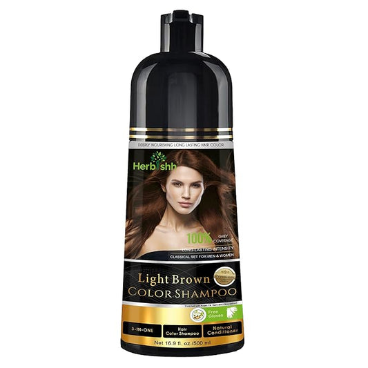 Herbishh Color Shampoo for Gray Hair Coverage (Light Brown) –Hair Dye 3-in-1 Shampoo- Colors in Minutes – Lasts Up To 2-3 Weeks – 500 mL – Ideal for Men & Women