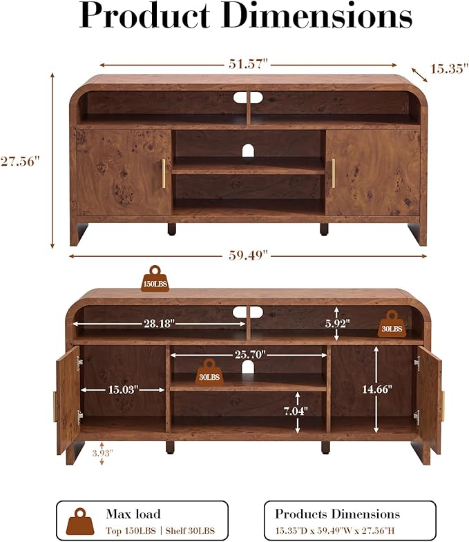 Entertainment Center for Living Room, Curved TV Stand with 3 Adjustable Shelves [FSC-Certified Wooden Board] Modern Media Console for TVs up to 65'', Farmhouse Storage Cabinet