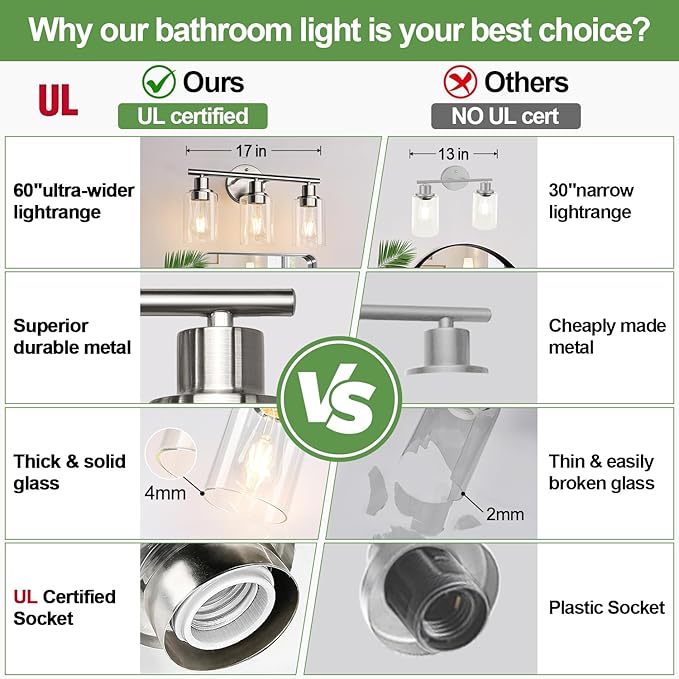Zarbitta 3-Light Bathroom Light Fixtures, Brushed Nickel Vanity Light, Farmhouse Wall Lights with Clear Glass Shade, Bathroom Wall Lamp for Mirror Kitchen Bedroom Hallway Living Room Hallway Cabinet