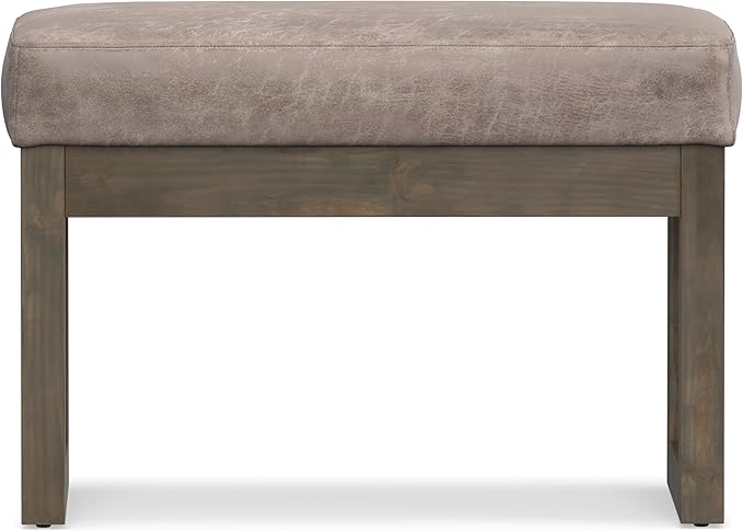 SIMPLIHOME Milltown Small Ottoman Bench - 27" Wide x 18" High Upholstered Vegan Leather Rectangle Footstool Ottoman in Distressed Grey Taupe, Contemporary Bench with Cushioned Seat, Assembled