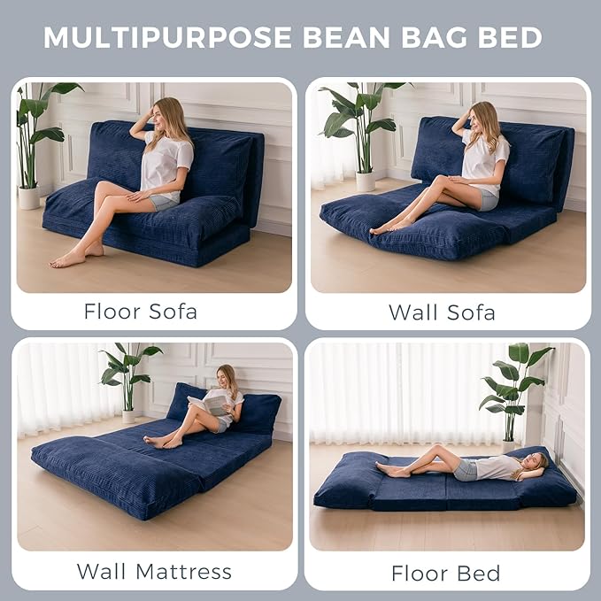 MAXYOYO Folding Sofa Bed, Floor Sofa Convertible Sleeper Chair with Washable Cover, Floor Couch Lounge Bean Bag Chair Bed for Living Room, Navy, 30x95 Inch