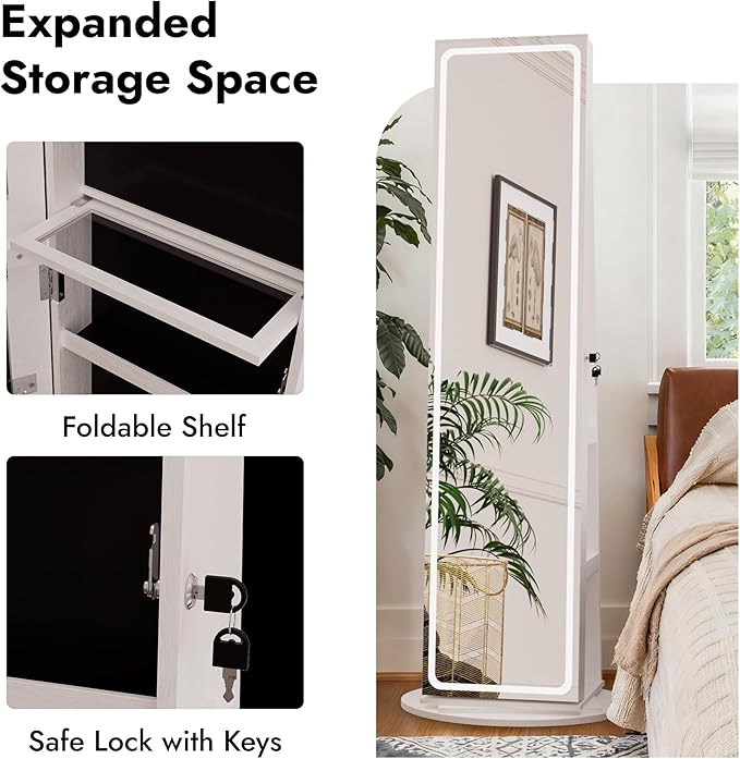 Zamildon's LED Mirror Jewelry Armoire, 360 Swivel Full Length Mirror Jewelry Cabinet, Freestanding Mirrored Jewelry Organizer with Interior LED Lights & Storage Shelves, White