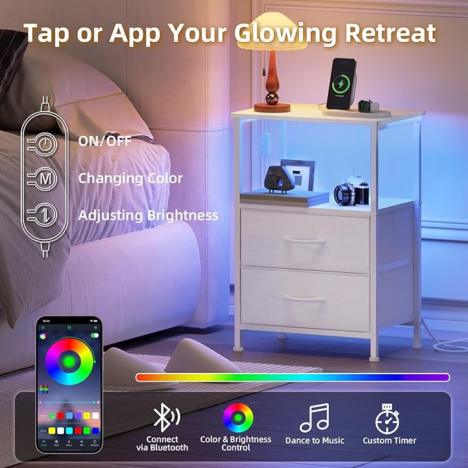 Somdot White Nightstand with Charging Station and LED Light for Bedroom, 2 Drawers Dresser with Fabric Bins for Bedside Kids Dorm Room Closet Laundry Entryway, White Leather