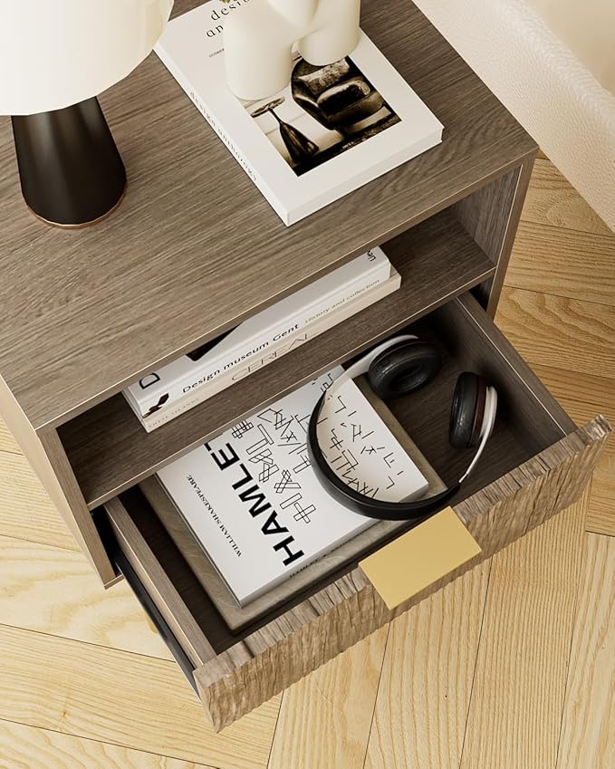 Aienvey Night Stand, Modern Nightstand with Drawers, Bedside Table, Gold Small Side Table for Bedroom, Living Room End Table (Grey Stripe, 1 Drawer)
