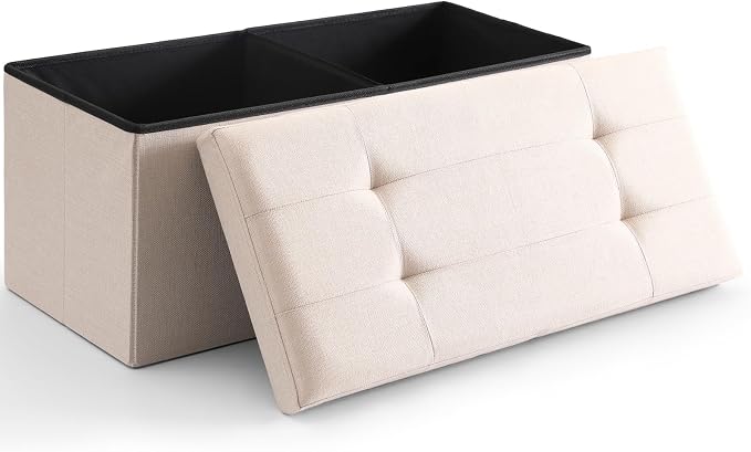 Storage Ottoman Bench Foldable Seat Footrest End of Bed Ottoman with Flipping Lid for Living Room, 75L, 30 inches Linen Fabric Beige