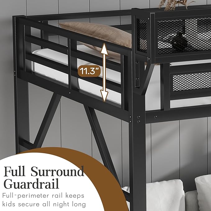 Mirightone Full Size Loft Bed with Stairs and Storage, Metal Loft Bed Frame with Bedside Shelf and Large Under-Bed Space, Heavy-Duty Loft Beds for Adults Teens and Kids, Convertible Staircase, Black