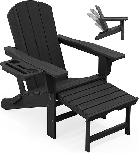 KINGYES Adjustable Folding Adirondack Chair with Footrest & 4-in-1 Multi-Functional Armrest Organizer, HDPE Foldable Recliner Adirondack Chair with Pull-Out Ottoman, Black