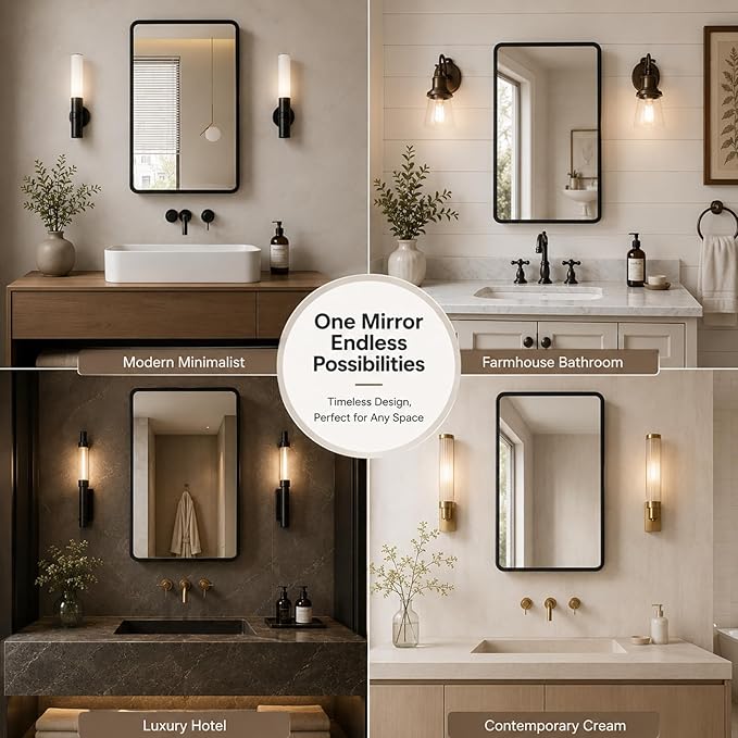 Medicine Cabinet with Mirror 16x24 inch, Black Recessed or Surface Wall Mount Bathroom Cabinets with Adjustable Shelves and Metal Framed