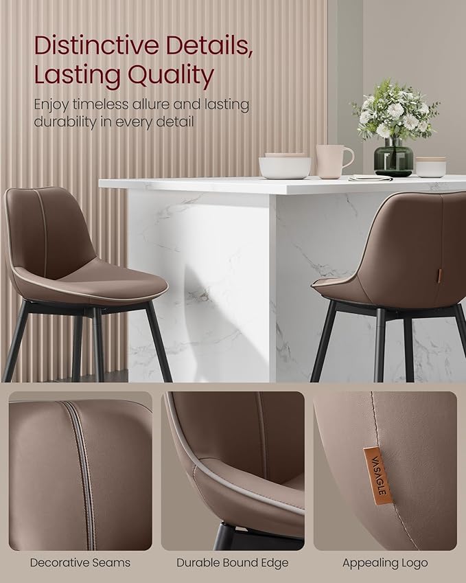 VASAGLE Bar Stools Set of 4, Counter Height Bar Stools with Back, Ergonomic Backrest, Synthetic Leather, Metal Legs, 24.8-Inch Tall Barstools for Kitchen Island Home Bar, Easy Assembly, Coffee Brown