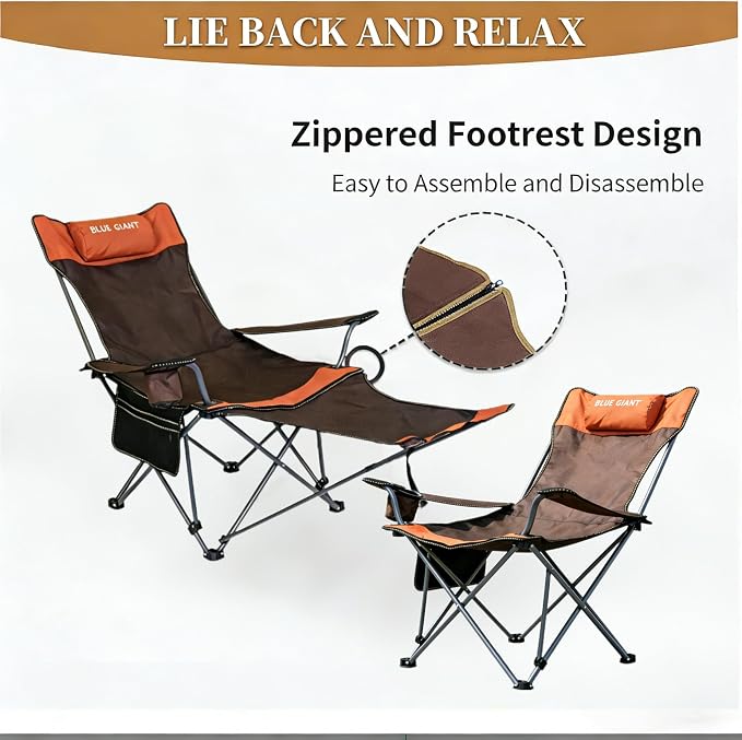 2 Pack Adjustable Folding Camping Chairs with Detachable Footrest and Headrest, Lightweight and Portable, Ideal for Hiking, Travel, Fishing and Outdoor Activities (Orange)