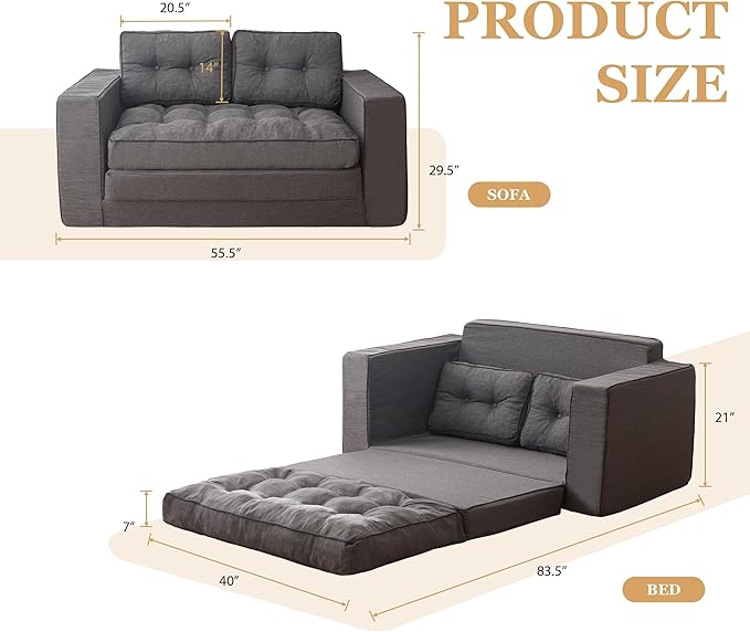 YOSHOOT Loveseat Sleeper Sofa,55" Convertible Sofa Bed Couch Futon Couches for Living Room,3-in-1 Pull Out Floor Couch with Backrest and Pillows, Dark Grey
