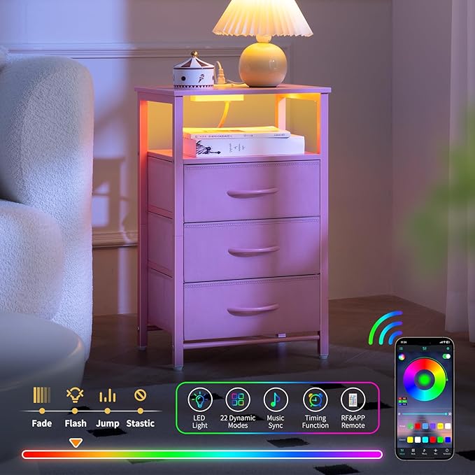Yoobure Night Stand with Charging Station, 16 Colors LED Nightstand with USB Ports and Outlets, End Table with 3 Fabric Drawers and Storage Shelf, Bedside Tables Small Dresser for Small Space Pink