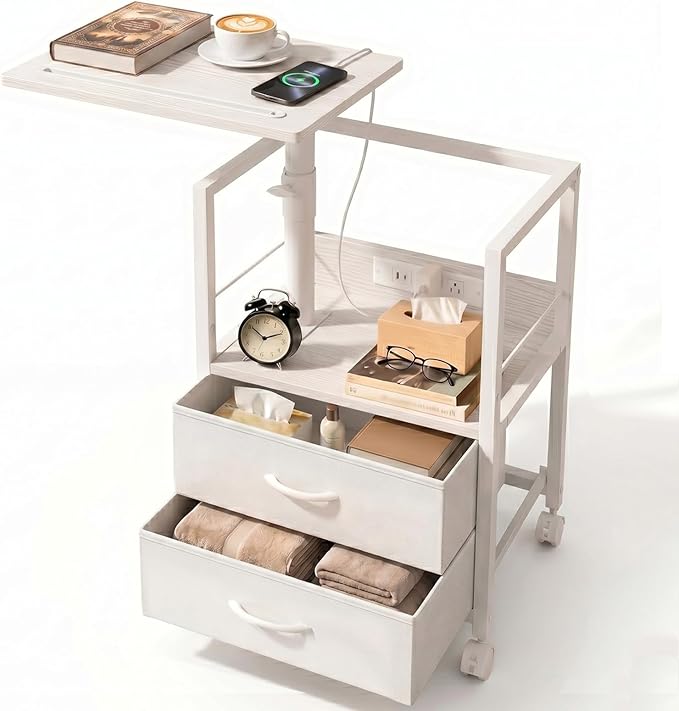 Faesun Swivel Lift Top Nightstand with Charging Station, Rolling Side Table for Recliner, Bedside Table with Wheels & 2 Fabric Drawers, for Small Spaces, for Bedroom, Living Room, White
