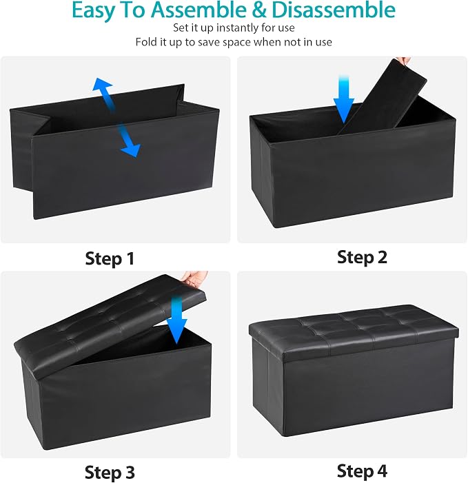 ZenStyle 30Inches Storage Ottoman Bench, Folding Footrest Stool, Storage Chest Long Shoes Bench with Foam Padded Seat, Holds up to 350 lbs, for Living Room, Entryway, Bedroom, (Black, 30 inches)