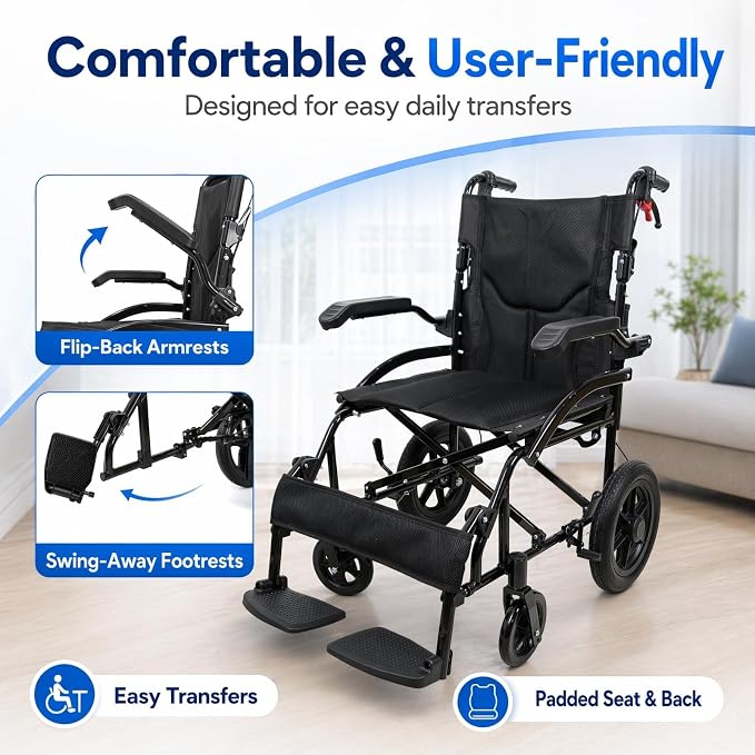 IDEALHOUSE Lightweight Foldable Transport Wheelchair for Adults, with Flip Back Armrests, Swing Away Footrests, 6” PVC Front & 12” PU Rear Wheels, Aluminum Frame, Ideal for Travel