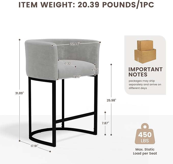 GRUSIGN Chenille Counter Height Bar Stools Set of 4, 26" Kitchen Island Stools with Arms & Footrest, Upholstered Barrel Back Bar Chairs for Kitchen， Dining Room, Bar & Lounge Area, 450 lbs, Grey
