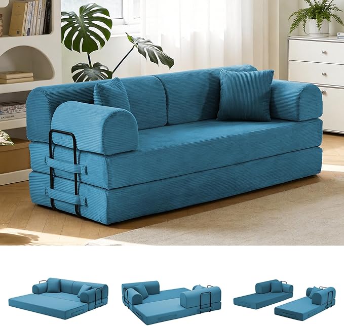78.8" Convertible Sofa Bed with Detachable Arm Pillow, 6-in-1 Sectional Couches for Living Room, Corduroy Boneless Couch, Sleeper Loveseat Couch Bed, No Assembly, Azure Couch