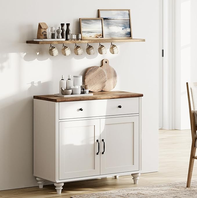 WAMPAT 34’‘ White Buffet Cabinet with Doors and Drawer, Wood Kitchen Storage Cabinet Modern Farmhouse Coffee Bar Table Sideboard Credenza for Dining Room