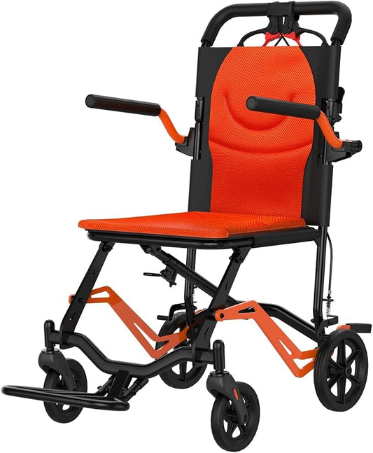 IDEALHOUSE Lightweight Foldable Wheelchair for Adults, Portable Travel Chair with Removable Flip-Up Armrests, Adjustable Swing-Away Footrests, Hand-Operated Brakes, for Indoor & Outdoor Use, Orange