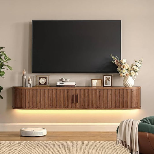 63" Floating TV Stand with Power Outlet for TVs up to 75", Fluted Entertainment Center with Remote Control for LED Lights, Mid-Century Modern TV Console w/Sliding Door for Living Room, Bedroom Walnut